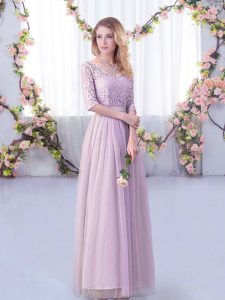 Flirting Floor Length Side Zipper Bridesmaid Gown Lavender for Wedding Party with Lace and Belt
