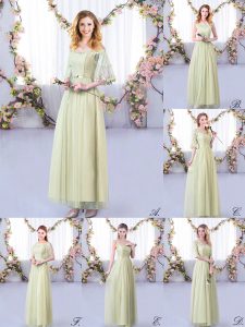 Sweet Yellow Green Tulle Side Zipper Off The Shoulder Half Sleeves Floor Length Bridesmaid Dresses Lace and Belt