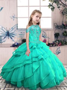 Perfect Turquoise High-neck Lace Up Beading and Ruffled Layers Pageant Dress for Teens Sleeveless
