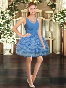 Blue Ball Gowns Ruffled Layers Prom Party Dress Backless Organza Sleeveless Mini Length