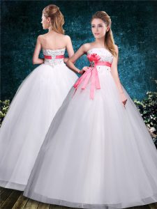 Simple White Ball Gowns Appliques and Belt Wedding Gown Lace Up Tulle Sleeveless Floor Length