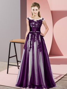 Suitable Dark Purple Empire Tulle Scoop Sleeveless Beading and Lace Floor Length Zipper Wedding Guest Dresses