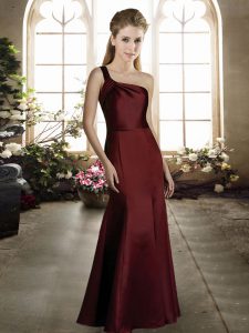 Affordable One Shoulder Sleeveless Zipper Wedding Party Dress Burgundy Satin