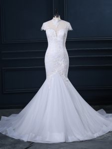 White Mermaid High-neck Cap Sleeves Tulle Court Train Clasp Handle Lace Wedding Gowns