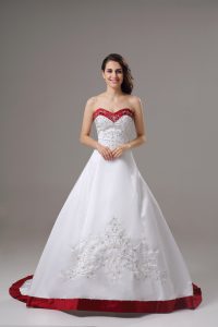 Sleeveless Satin Brush Train Lace Up Wedding Dress in White with Beading and Embroidery