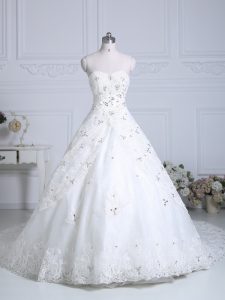Beauteous White Lace Up Wedding Gown Beading and Lace Sleeveless Chapel Train