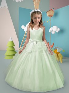 Inexpensive Apple Green Tulle Zipper Flower Girl Dresses Sleeveless Floor Length Lace and Bowknot