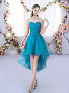 Delicate Sleeveless High Low Lace Lace Up Wedding Guest Dresses with Teal