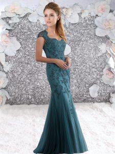 Teal Zipper Straps Appliques Prom Gown Tulle Cap Sleeves