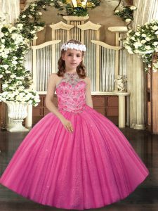 Sleeveless Tulle Floor Length Lace Up Girls Pageant Dresses in Hot Pink with Appliques