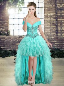Sleeveless High Low Beading and Ruffles Lace Up Prom Party Dress with Aqua Blue