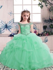 Sleeveless Tulle Floor Length Lace Up Kids Formal Wear in Apple Green with Beading