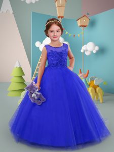High Quality Purple Ball Gowns Scoop Sleeveless Tulle Floor Length Zipper Beading and Lace Flower Girl Dresses