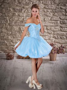 Delicate Light Blue Sleeveless Beading Mini Length Prom Party Dress
