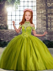 Fancy Sleeveless Tulle Floor Length Lace Up Winning Pageant Gowns in Olive Green with Beading