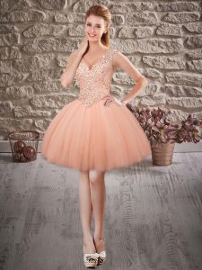 Pretty Peach Lace Up Prom Party Dress Beading Sleeveless Mini Length