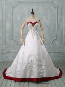 White Sweetheart Lace Up Beading and Embroidery Wedding Gown Brush Train Sleeveless