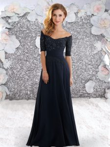 Empire Prom Evening Gown Navy Blue Off The Shoulder Chiffon Half Sleeves Floor Length Zipper