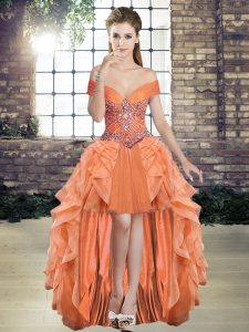 High Low Orange Homecoming Dress Off The Shoulder Sleeveless Lace Up