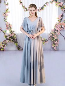 Floor Length Lace Up Court Dresses for Sweet 16 Grey for Wedding Party with Belt