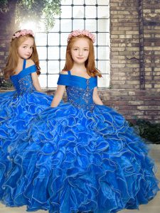 Sleeveless Organza Floor Length Lace Up Girls Pageant Dresses in Blue with Beading and Ruffles