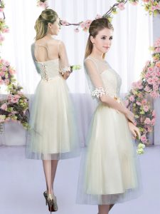 Enchanting Champagne Empire Tulle Scoop Half Sleeves Lace and Bowknot Tea Length Lace Up Bridesmaids Dress