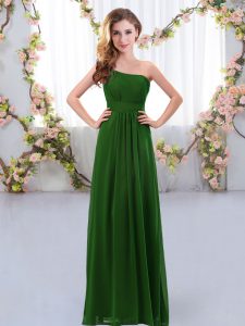 Discount Dark Green Empire One Shoulder Sleeveless Chiffon Floor Length Zipper Ruching Wedding Guest Dresses