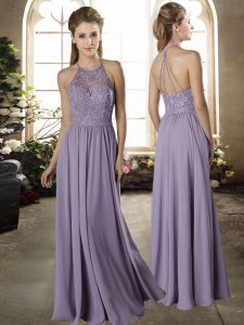 Lavender Court Dresses for Sweet 16 Wedding Party with Lace Halter Top Sleeveless Criss Cross