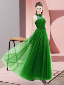 On Sale Floor Length Green Bridesmaid Dresses Tulle Sleeveless Beading and Appliques
