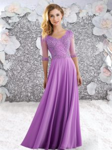 Dynamic Half Sleeves Floor Length Beading Zipper Party Dress for Toddlers with Lavender