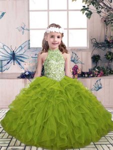Olive Green Ball Gowns High-neck Sleeveless Tulle Floor Length Lace Up Beading and Ruffles Kids Formal Wear