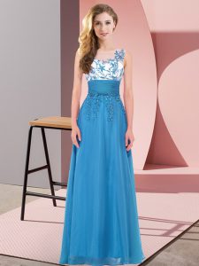 Blue Backless Bridesmaid Dresses Appliques Sleeveless Floor Length