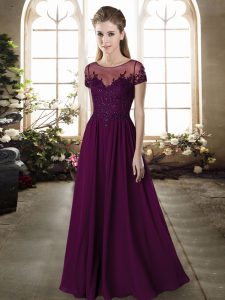Floor Length Dark Purple Wedding Guest Dresses Chiffon Short Sleeves Beading and Appliques