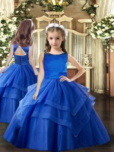 Scoop Sleeveless Kids Pageant Dress Floor Length Ruffled Layers Royal Blue Tulle