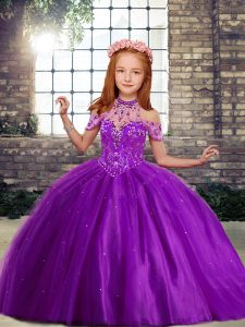 Custom Design Purple Ball Gowns Beading Little Girls Pageant Gowns Lace Up Tulle Sleeveless Floor Length