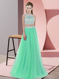 Halter Top Sleeveless Dama Dress Floor Length Lace Apple Green Tulle