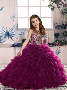 Fancy Sleeveless Lace Up Floor Length Beading and Ruffles Custom Made Pageant Dress
