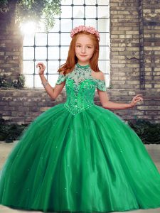 Perfect Green Lace Up High-neck Beading Little Girl Pageant Dress Tulle Sleeveless