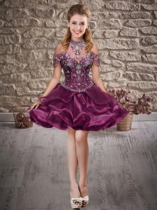 Cheap Ball Gowns Homecoming Dress Dark Purple Halter Top Organza Sleeveless Mini Length Lace Up