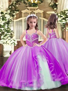 Purple Tulle Lace Up Little Girls Pageant Dress Wholesale Sleeveless Floor Length Beading