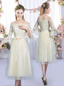Off The Shoulder 3 4 Length Sleeve Tulle Wedding Guest Dresses Lace and Bowknot Lace Up