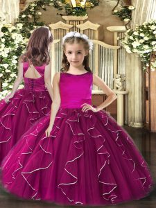Sleeveless Floor Length Ruffles Lace Up Pageant Dress Womens with Fuchsia