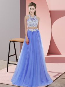 Adorable Floor Length Lavender Bridesmaid Dresses Halter Top Sleeveless Zipper