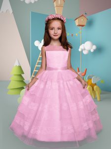Smart Scoop Sleeveless Toddler Flower Girl Dress Floor Length Lace and Ruffled Layers Rose Pink Organza
