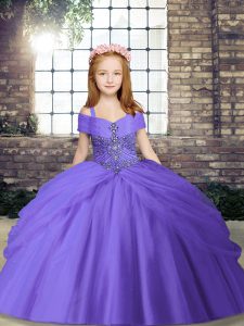Elegant Spaghetti Straps Sleeveless Little Girl Pageant Dress Floor Length Beading Lavender Tulle