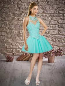 Sleeveless Tulle Mini Length Lace Up Evening Dress in Aqua Blue with Beading and Lace
