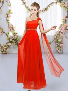 Enchanting Red One Shoulder Lace Up Beading and Hand Made Flower Bridesmaid Dress Sleeveless