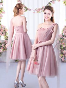 Pink Sleeveless Appliques and Belt Knee Length Bridesmaid Dresses