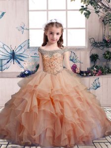 On Sale Floor Length Peach Little Girls Pageant Dress Wholesale Scoop Sleeveless Lace Up