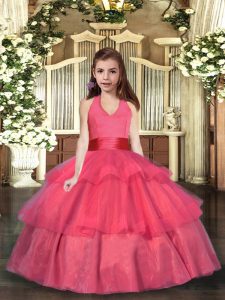 Organza Halter Top Sleeveless Lace Up Ruffled Layers Winning Pageant Gowns in Coral Red
